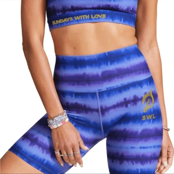 Peloton SWL Ally Love Purple Tie Die Stripe Cadent Strappy Bra & 7” Bike Short